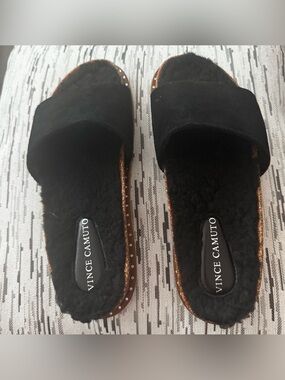 Vince Camuto Black Faux Fur Slide with Brown Trim